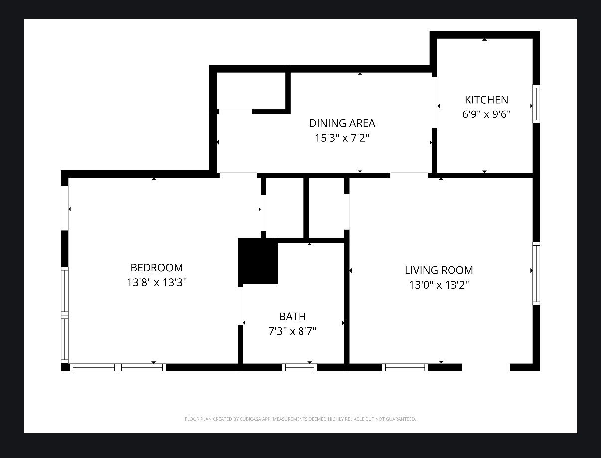 Floor plan of Unit D: bedroom 13 feet 8 by 13 feet 3, living room 13 by 13 feet 2, dining area 15 feet 3 by 7 feet 2, kitchen 6 feet 9 by 9 feet 6, and bath 7 feet 3 by 8 feet 7